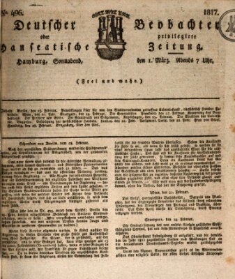 Deutscher Beobachter oder privilegirte hanseatische Zeitung Samstag 1. März 1817