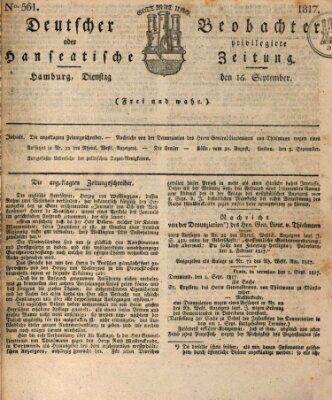 Deutscher Beobachter oder privilegirte hanseatische Zeitung Dienstag 16. September 1817