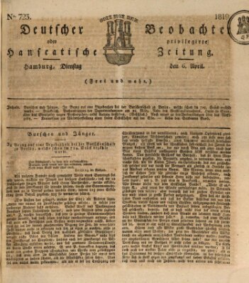 Deutscher Beobachter oder privilegirte hanseatische Zeitung Dienstag 6. April 1819