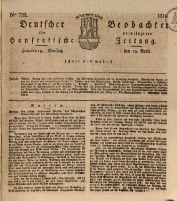 Deutscher Beobachter oder privilegirte hanseatische Zeitung Dienstag 13. April 1819