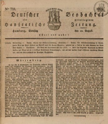 Deutscher Beobachter oder privilegirte hanseatische Zeitung Dienstag 10. August 1819