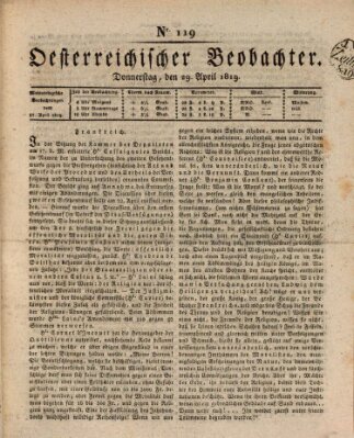 Der Oesterreichische Beobachter Donnerstag 29. April 1819