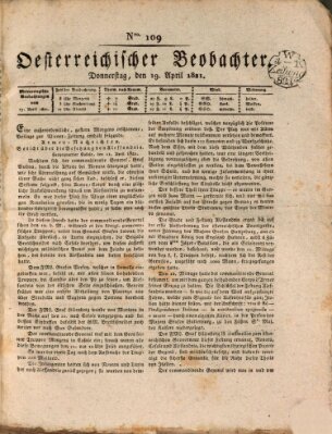 Der Oesterreichische Beobachter Donnerstag 19. April 1821