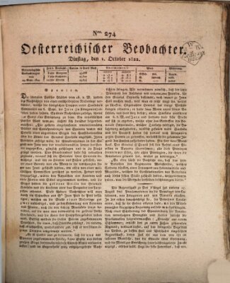 Der Oesterreichische Beobachter Dienstag 1. Oktober 1822