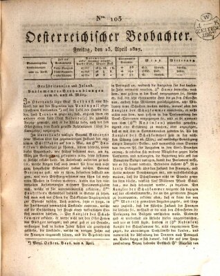 Der Oesterreichische Beobachter Freitag 13. April 1827