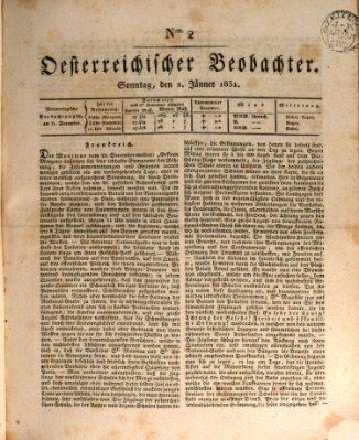 Der Oesterreichische Beobachter Sonntag 2. Januar 1831