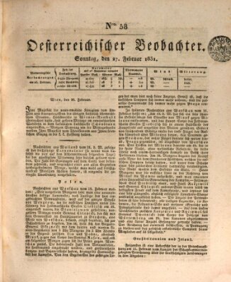 Der Oesterreichische Beobachter Sonntag 27. Februar 1831