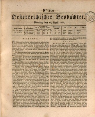 Der Oesterreichische Beobachter Sonntag 10. April 1831