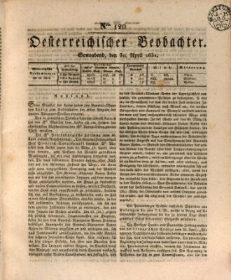 Der Oesterreichische Beobachter Samstag 30. April 1831