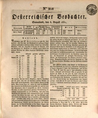 Der Oesterreichische Beobachter Samstag 6. August 1831