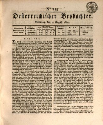 Der Oesterreichische Beobachter Sonntag 7. August 1831