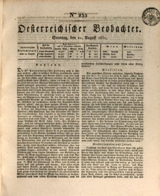 Der Oesterreichische Beobachter Sonntag 21. August 1831