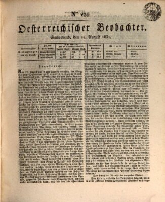 Der Oesterreichische Beobachter Samstag 27. August 1831