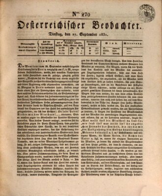 Der Oesterreichische Beobachter Dienstag 27. September 1831