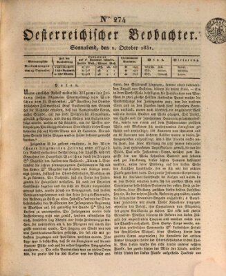 Der Oesterreichische Beobachter Samstag 1. Oktober 1831