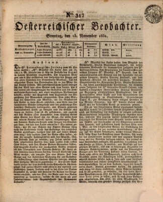 Der Oesterreichische Beobachter Sonntag 13. November 1831