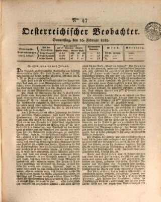 Der Oesterreichische Beobachter Donnerstag 16. Februar 1832