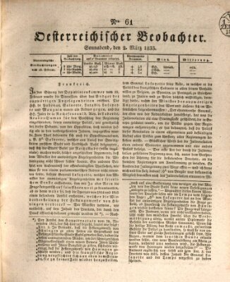 Der Oesterreichische Beobachter Samstag 2. März 1833