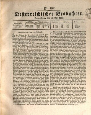 Der Oesterreichische Beobachter Donnerstag 11. Juli 1833