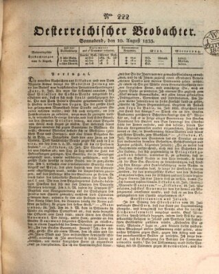 Der Oesterreichische Beobachter Samstag 10. August 1833