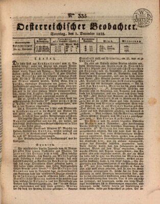 Der Oesterreichische Beobachter Sonntag 1. Dezember 1833