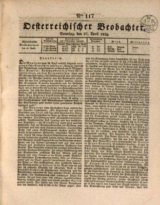 Der Oesterreichische Beobachter Sonntag 27. April 1834