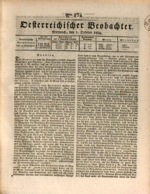 Der Oesterreichische Beobachter Mittwoch 1. Oktober 1834