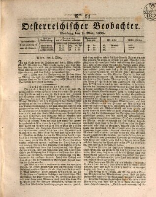 Der Oesterreichische Beobachter Montag 2. März 1835