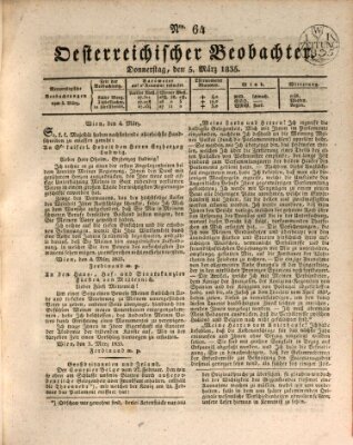 Der Oesterreichische Beobachter Donnerstag 5. März 1835