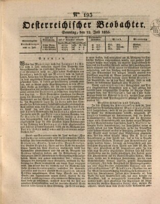 Der Oesterreichische Beobachter Sonntag 12. Juli 1835