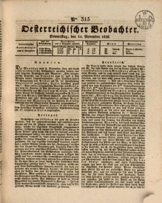 Der Oesterreichische Beobachter Donnerstag 10. November 1836