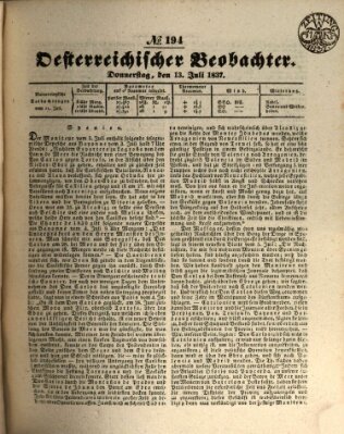 Der Oesterreichische Beobachter Donnerstag 13. Juli 1837