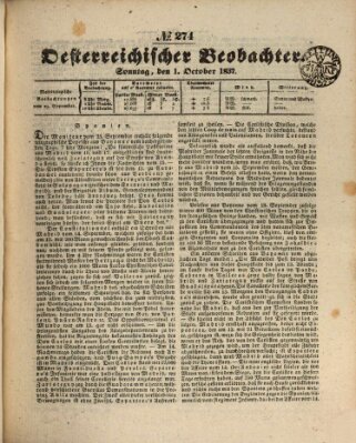 Der Oesterreichische Beobachter Sonntag 1. Oktober 1837