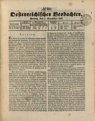 Der Oesterreichische Beobachter Freitag 1. Dezember 1837