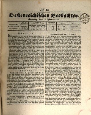 Der Oesterreichische Beobachter Sonntag 14. Januar 1838