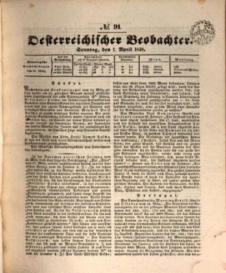 Der Oesterreichische Beobachter Sonntag 1. April 1838