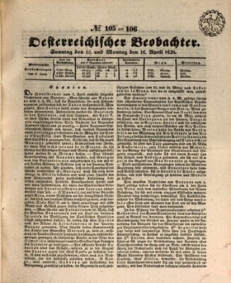 Der Oesterreichische Beobachter Sonntag 15. April 1838