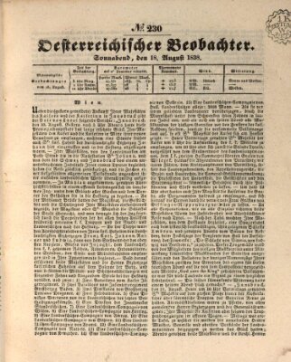 Der Oesterreichische Beobachter Samstag 18. August 1838