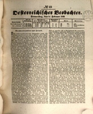 Der Oesterreichische Beobachter Donnerstag 14. Februar 1839