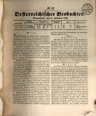 Der Oesterreichische Beobachter Samstag 16. Februar 1839