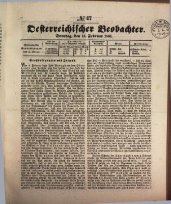 Der Oesterreichische Beobachter Sonntag 16. Februar 1840