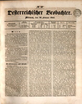 Der Oesterreichische Beobachter Mittwoch 16. Februar 1842