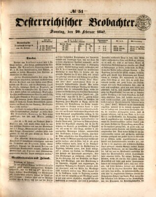 Der Oesterreichische Beobachter Sonntag 20. Februar 1842