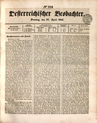 Der Oesterreichische Beobachter Sonntag 24. April 1842