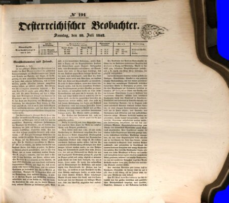 Der Oesterreichische Beobachter Sonntag 10. Juli 1842