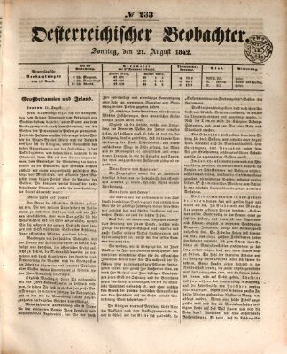 Der Oesterreichische Beobachter Sonntag 21. August 1842