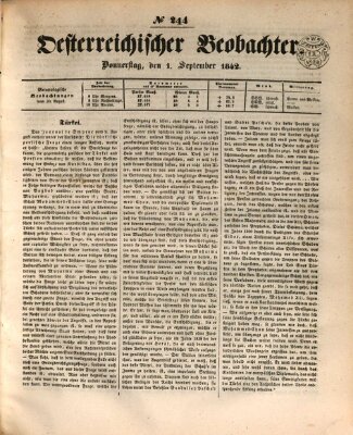 Der Oesterreichische Beobachter Donnerstag 1. September 1842