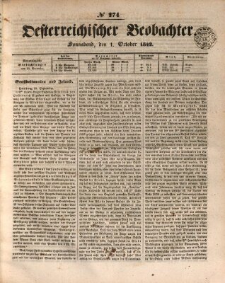 Der Oesterreichische Beobachter Samstag 1. Oktober 1842