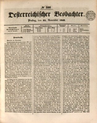 Der Oesterreichische Beobachter Dienstag 22. November 1842