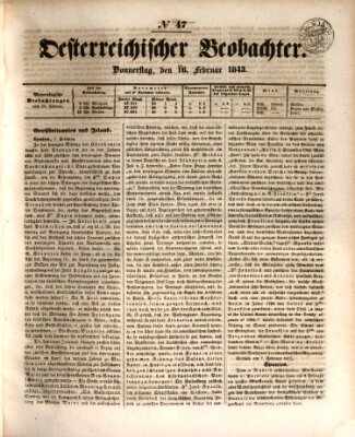 Der Oesterreichische Beobachter Donnerstag 16. Februar 1843